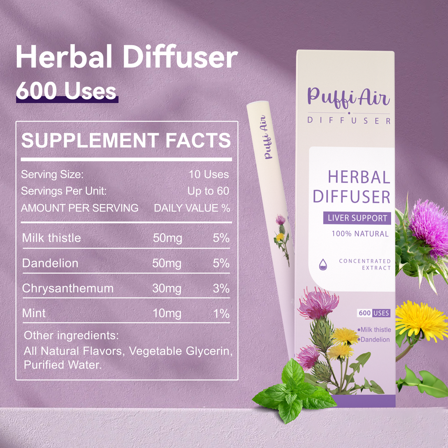 PuffiAir Aroma Diffuser Set – Natural Wellness Kit with Mullein, Milk Thistle & Melatonin Diffusers – 600 Puffs Each
